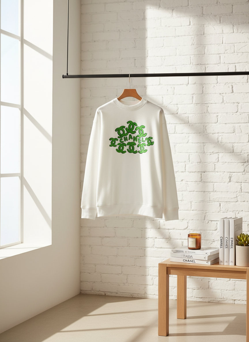 CHANEL White Hoodie Green Logo Streetwear Pullover