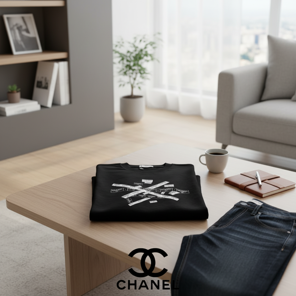 CHANEL Black Cotton Logo Print T-Shirt
