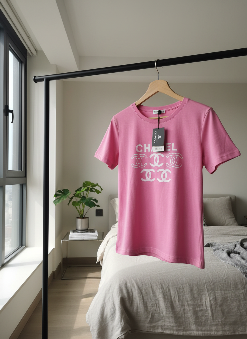 CHANEL Pink Logo Cotton Women T-Shirt