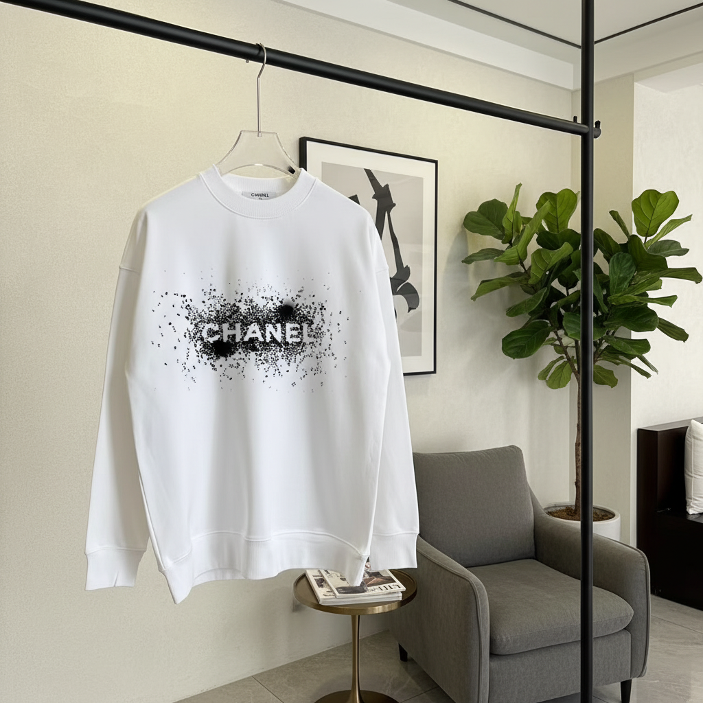 CHANEL White Splatter Logo Oversized Cotton Hoodie