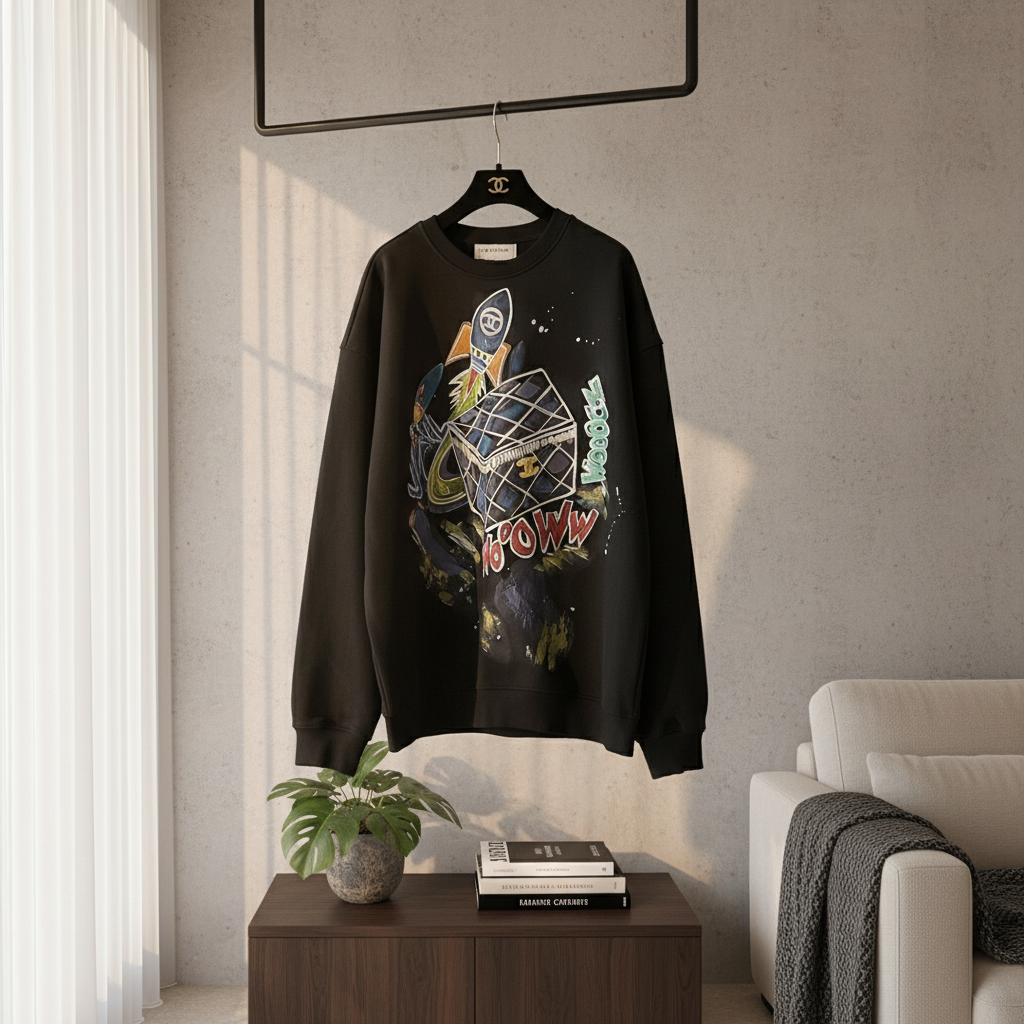 CHANEL Black Cartoon Rocket Oversized Hoodie