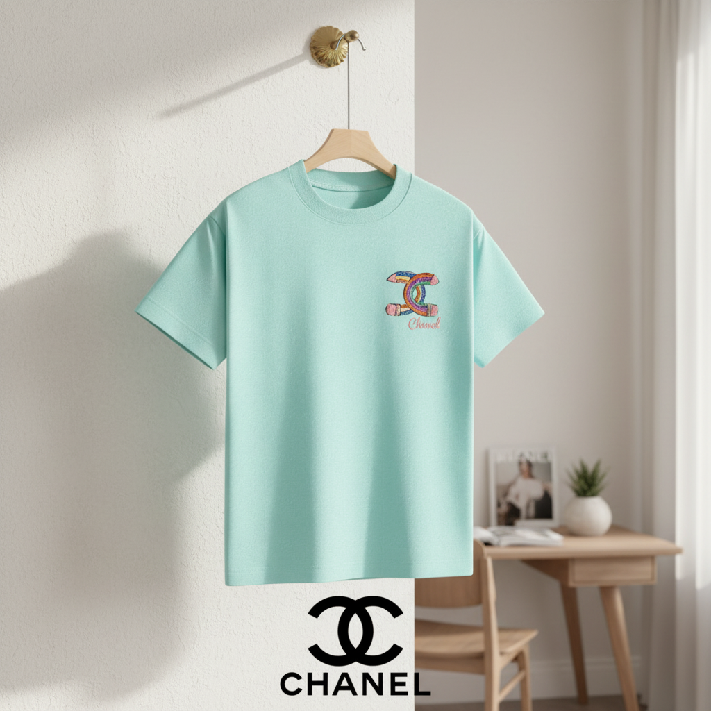 CHANEL Mint Green Logo Cotton T-Shirt Casual Fashion