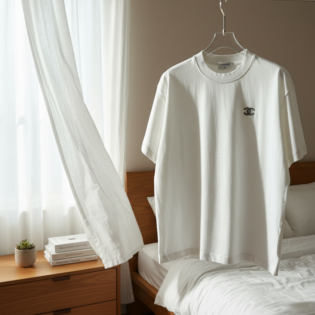 CHANEL White Logo Cotton T-Shirt Casual Style