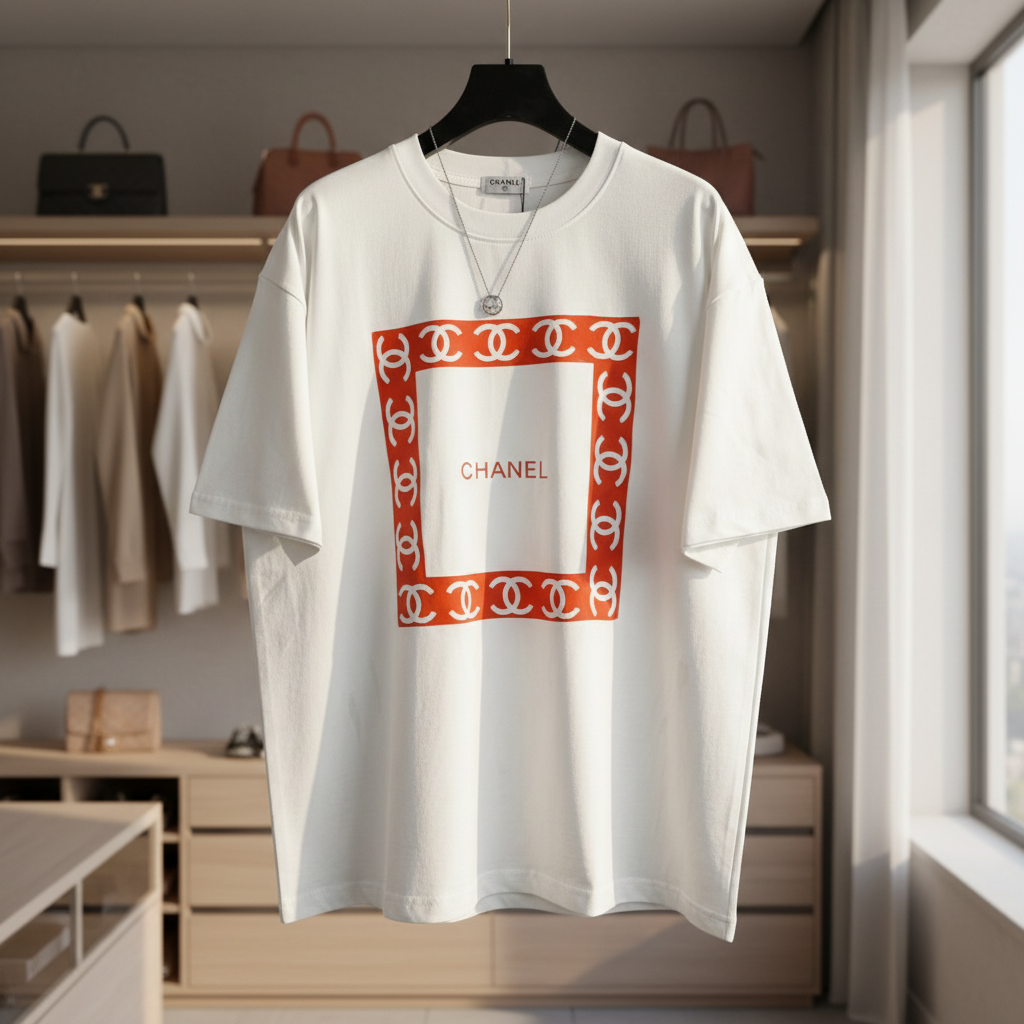 CHANEL White Red Logo Cotton T-Shirt Unisex Fashion Tee