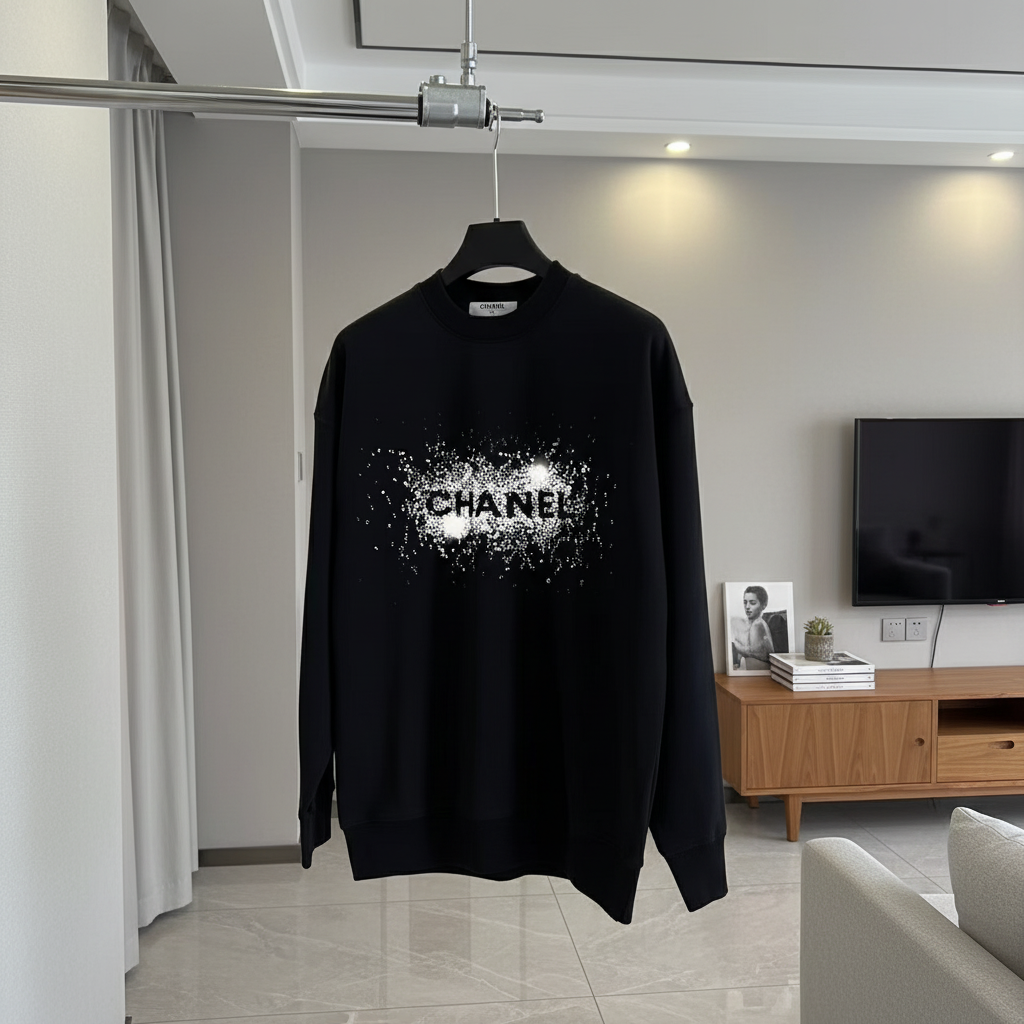 CHANEL Black Hoodie Unisex White Splash Logo Pullover