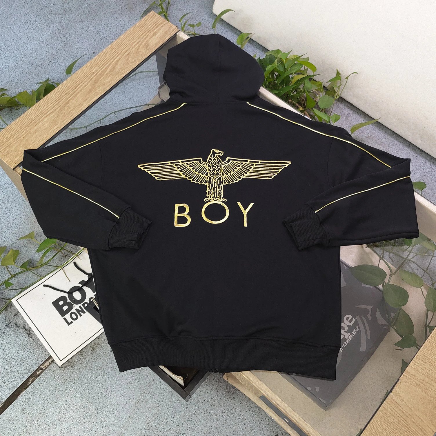 BOY LONDON Black Zip Hoodie Gold Eagle Streetwear