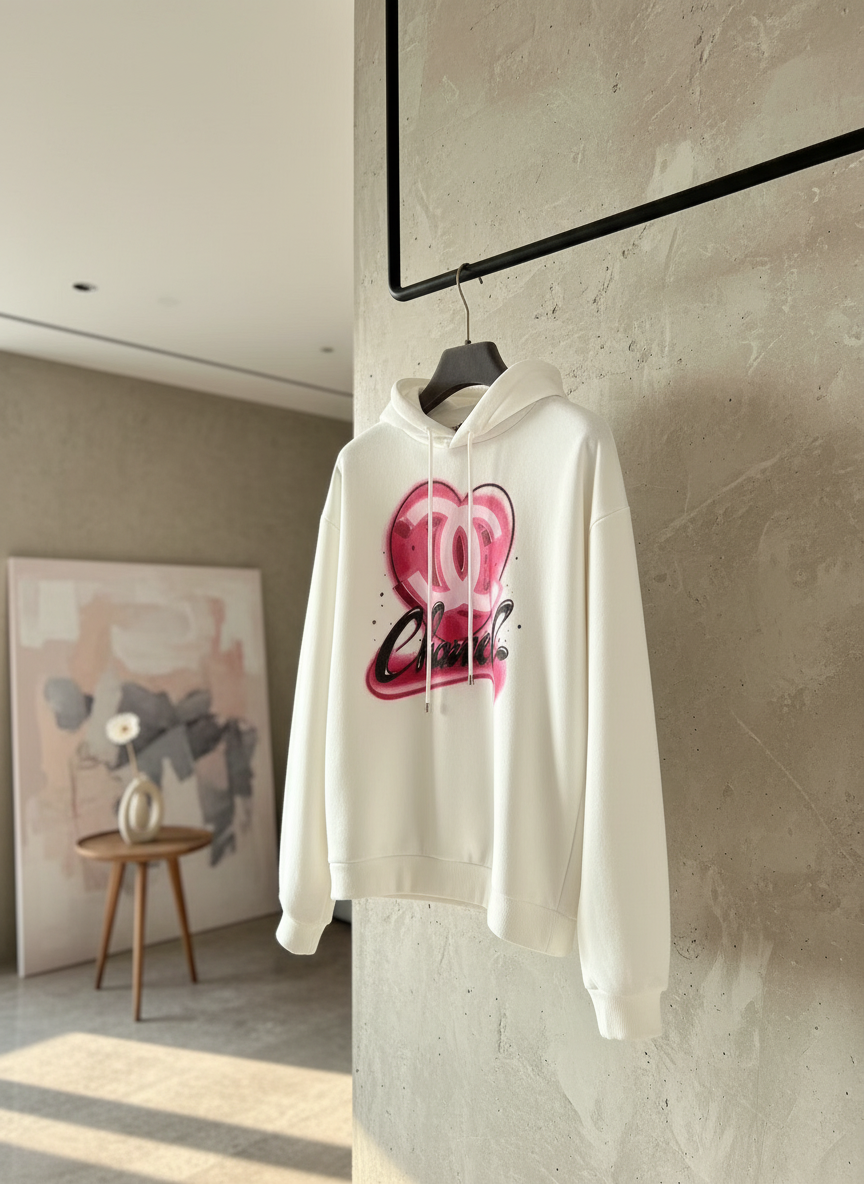 CHANEL Pink Heart Logo White Hoodie for Women