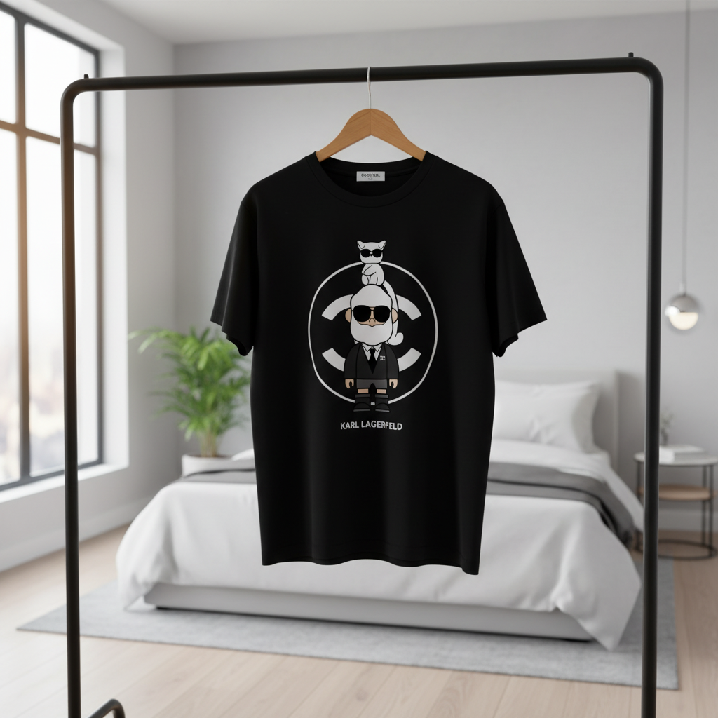 CHANEL Unisex Black Cartoon Graphic Cotton T-Shirt