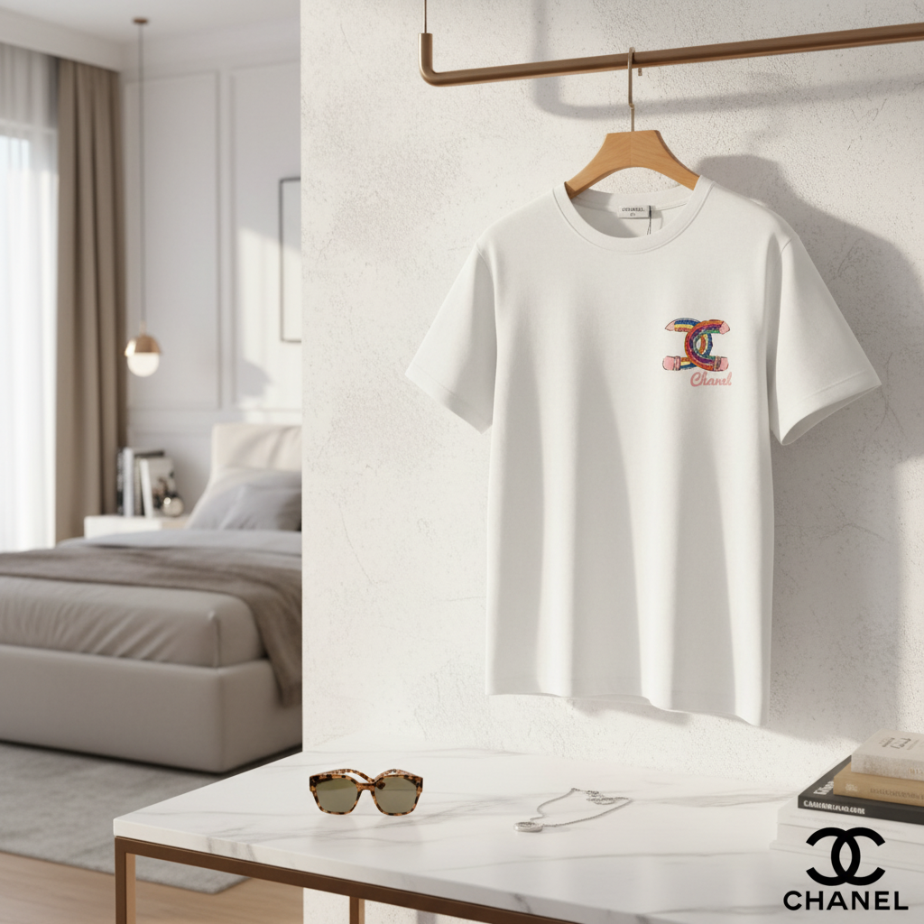 CHANEL Unisex Cotton T-Shirt Colorful Logo Casual Top