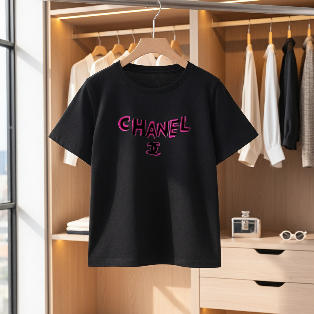 CHANEL Women Black Cotton T-Shirt Pink Logo Casual Top