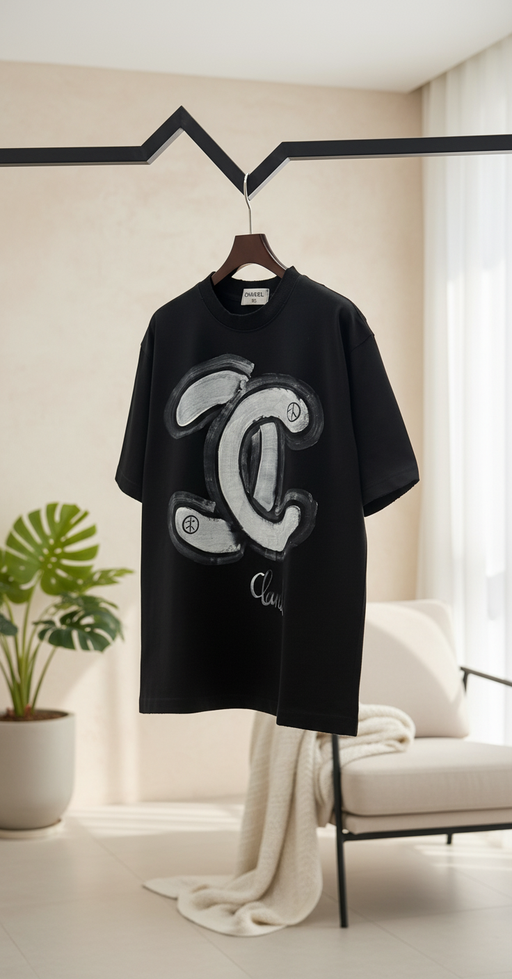 CHANEL Black Painted Logo Cotton T-Shirt