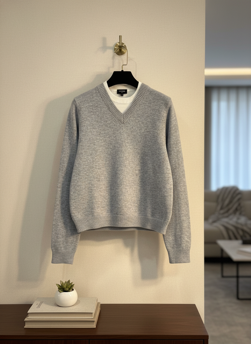 CHANEL Gray V-Neck Wool Hoodie Winter Knit Sweater