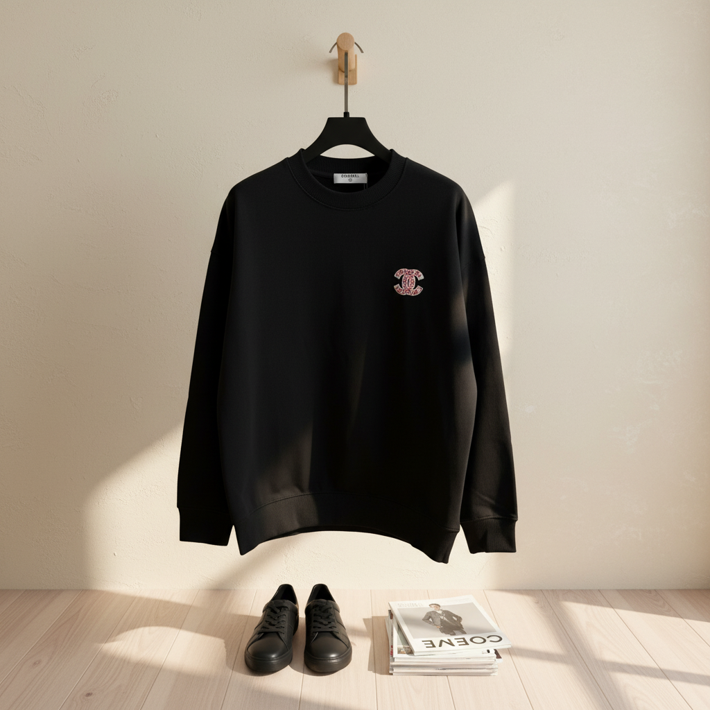 CHANEL Black Cotton Logo Hoodie Unisex Streetwear