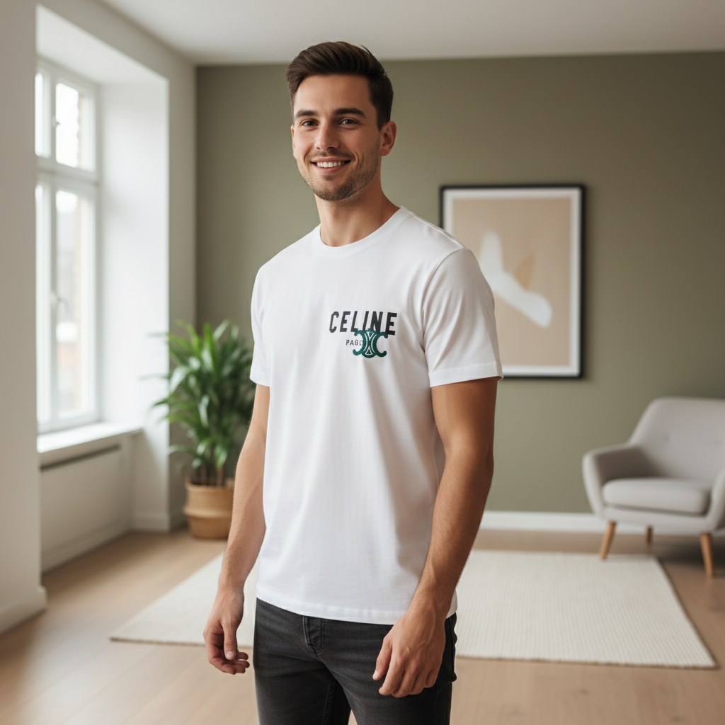 CELINE Paris Men White Cotton Logo T-Shirt