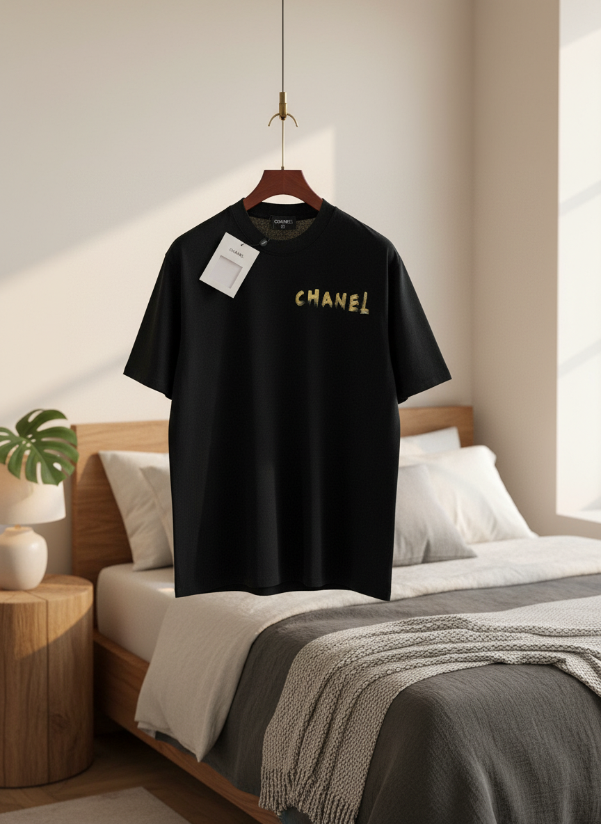 CHANEL Black Gold Logo Cotton T-Shirt Unisex Luxury Top