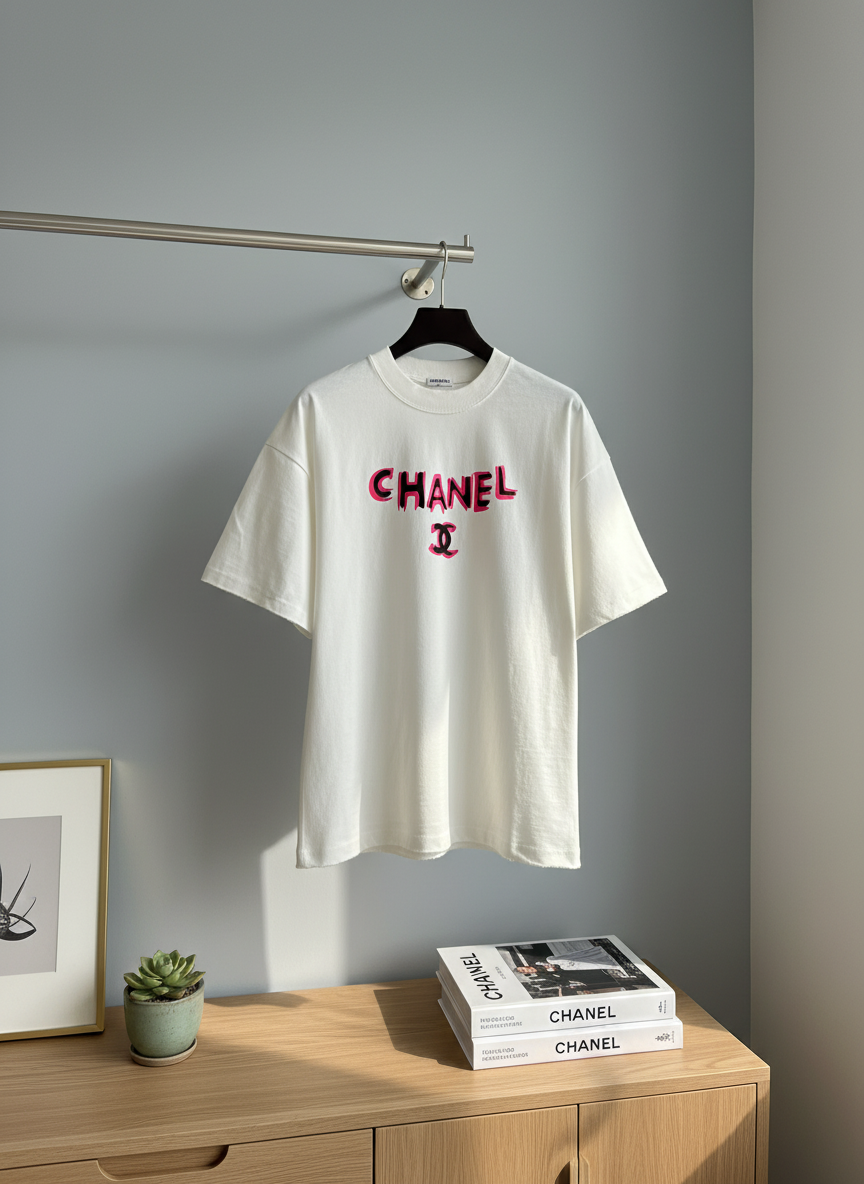 CHANEL Red Logo White Cotton T-Shirt