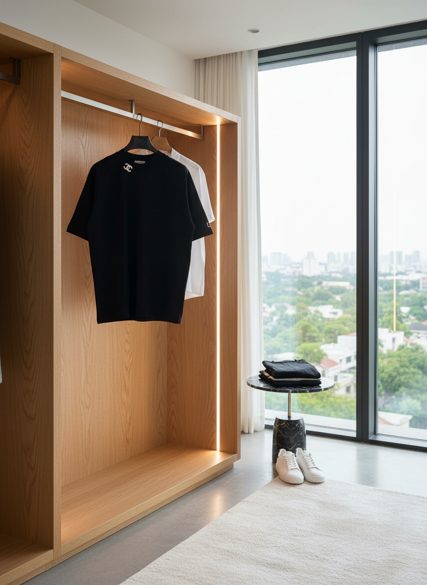 CHANEL Black Cotton Logo Minimalist T-Shirt