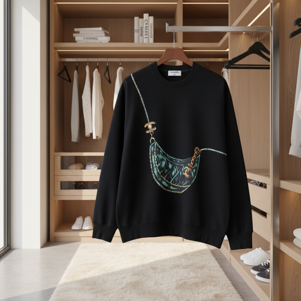 CHANEL Chain Bag Print Black Cotton Hoodie