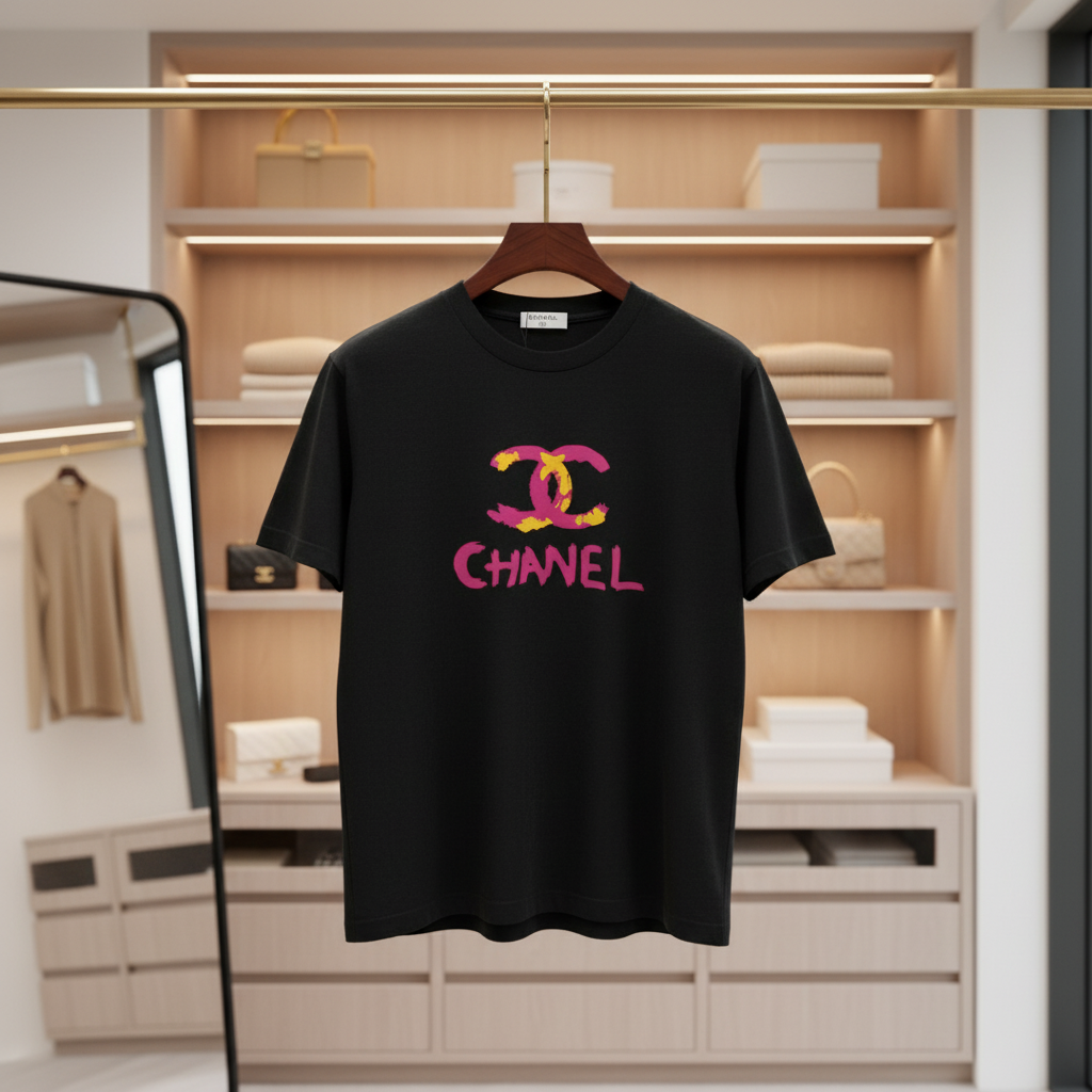 CHANEL Women Black Cotton Logo Print T-Shirt