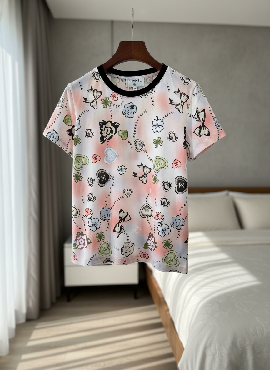 CHANEL Floral Heart Print Women’s Pastel T-Shirt