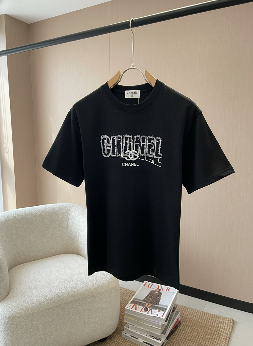 CHANEL Black Logo Cotton T-Shirt Unisex Fashion Tee