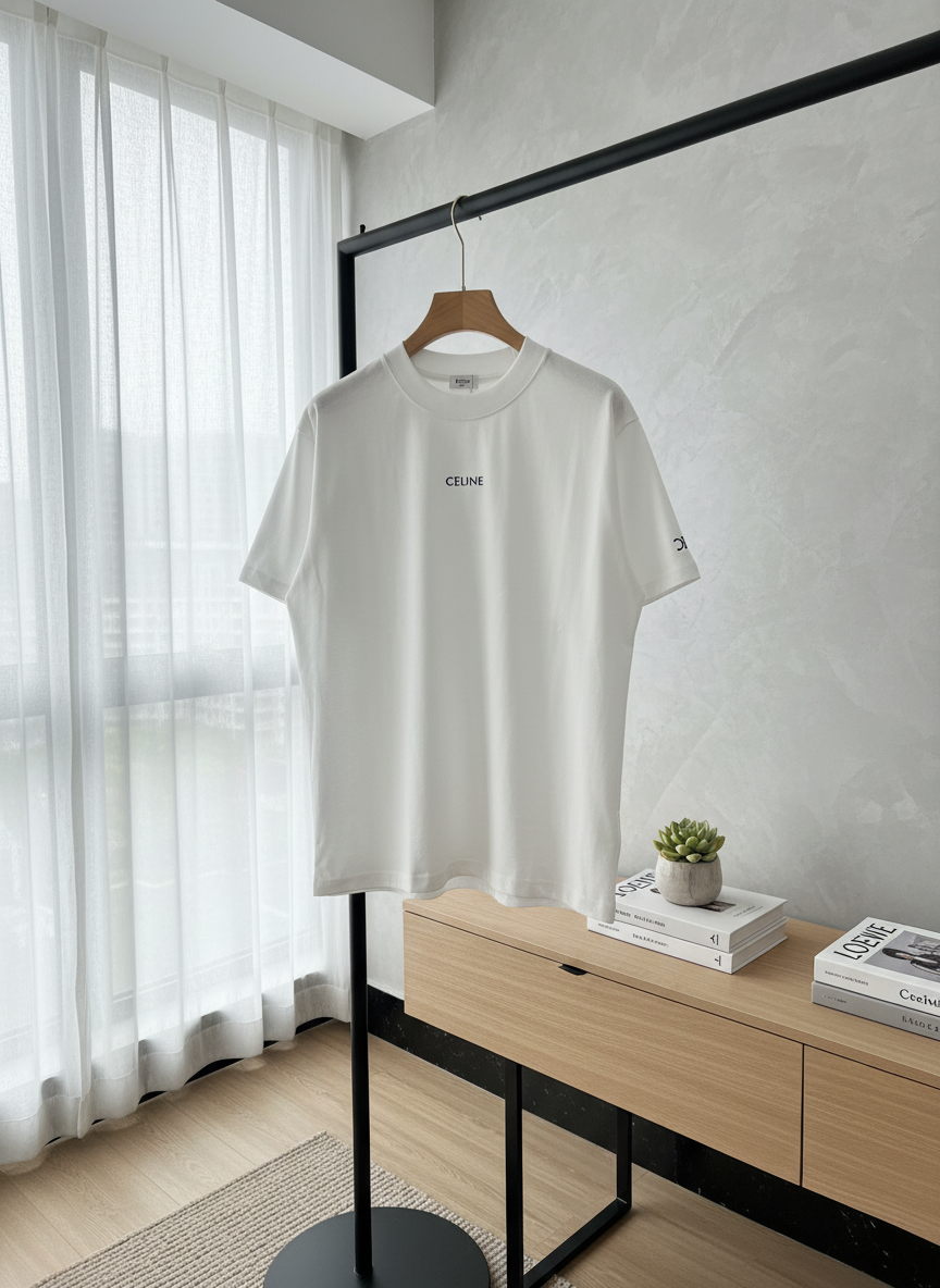 CELINE White Cotton Logo T-Shirt Unisex Casual Top