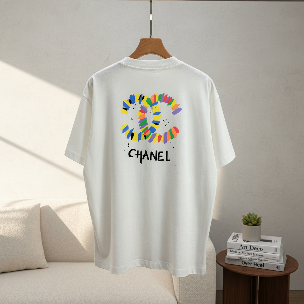 CHANEL Unisex Colorful Logo Cotton Casual T-Shirt
