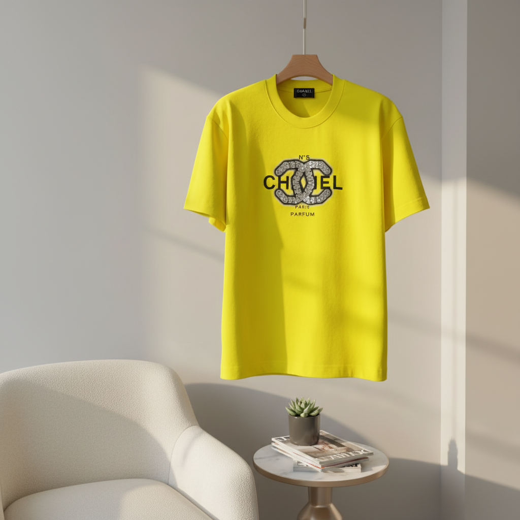 CHANEL Yellow Logo Print Cotton T-Shirt Unisex Fashion