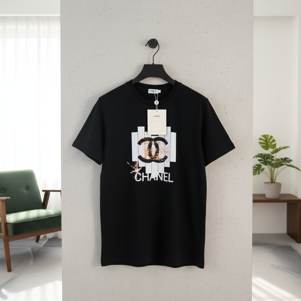 CHANEL Black Logo Cotton Unisex Casual T-Shirt