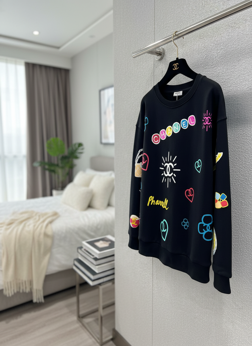CHANEL Black Graphic Hoodie Unisex Streetwear Pullover