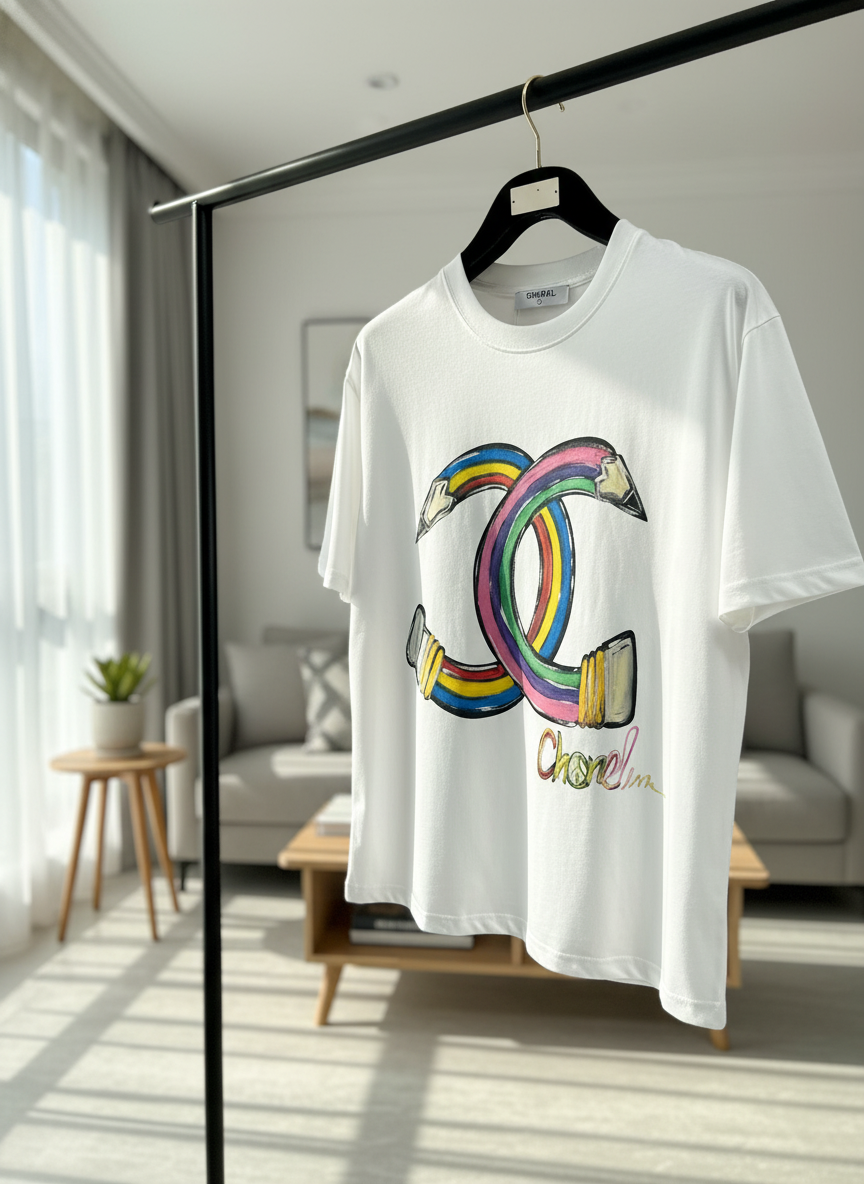 CHANEL White Pencil Art Logo Cotton T-Shirt