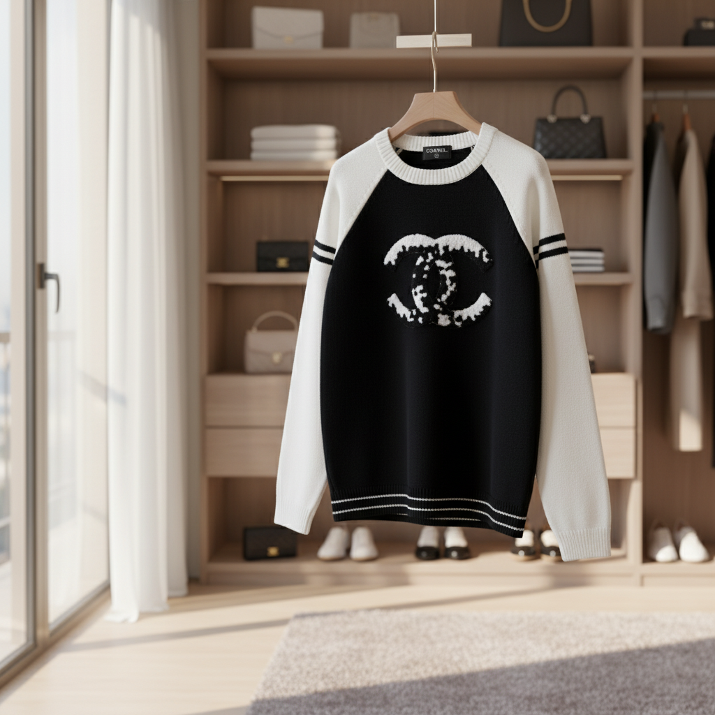 CHANEL Black White Knit Logo Hoodie Women