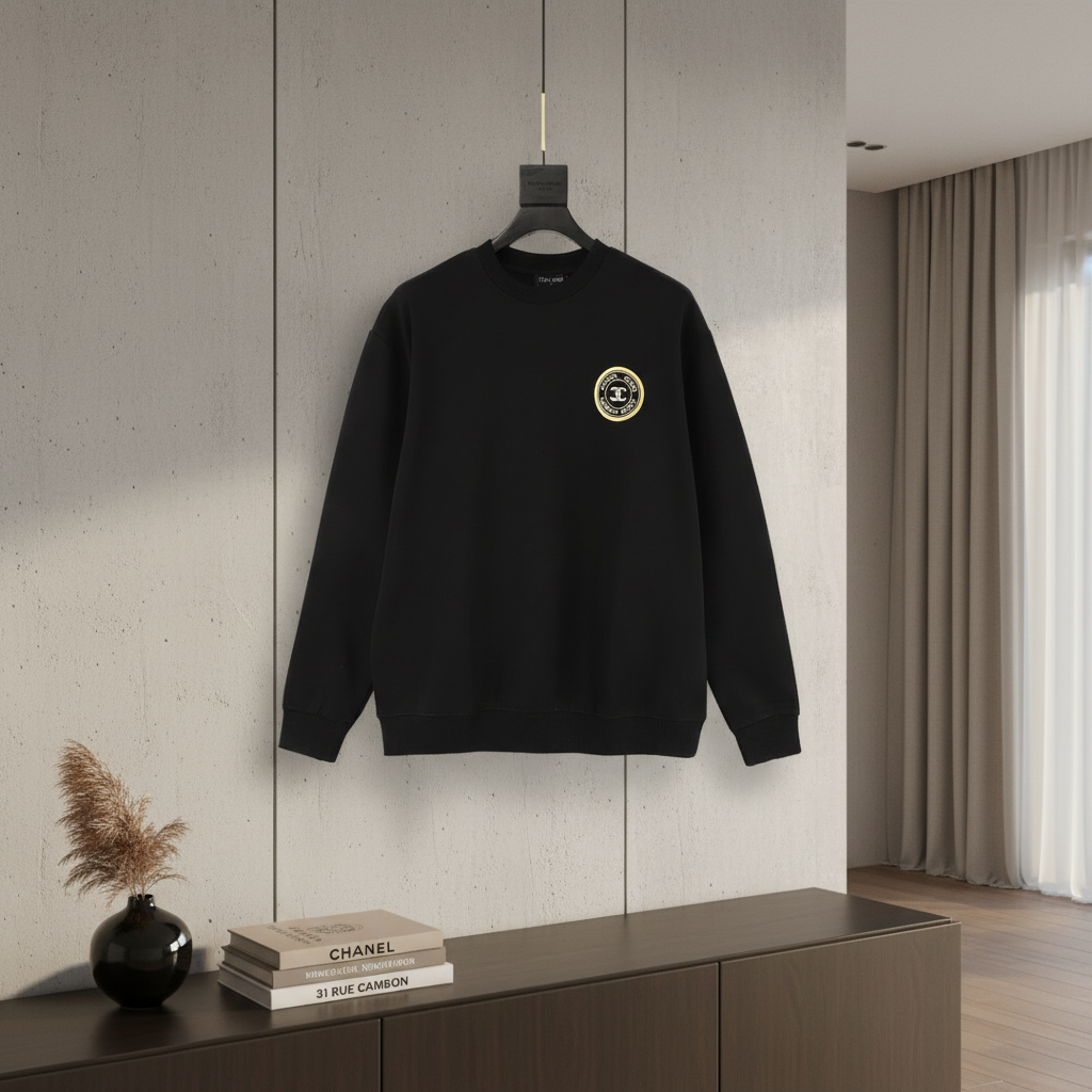 CHANEL Black Hoodie Classic Logo Cotton Sweatshirt