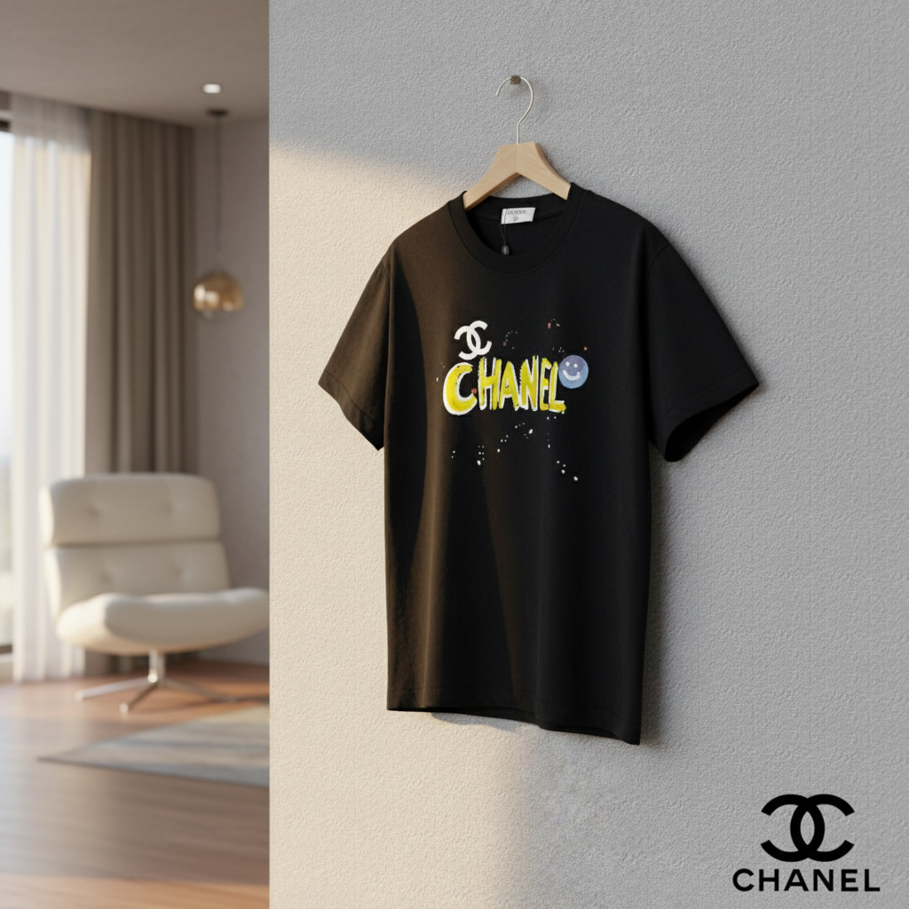 CHANEL Black Cotton Logo T-Shirt Unisex Fashion Tee