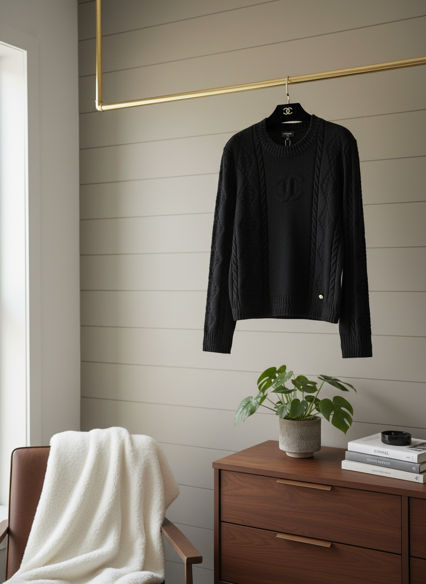 CHANEL Black Wool Cable Knit Sweater Women’s Pullover