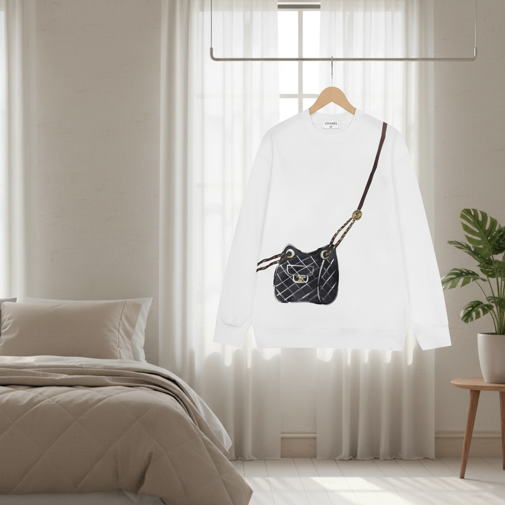 CHANEL White Cotton Hoodie Black Bag Print