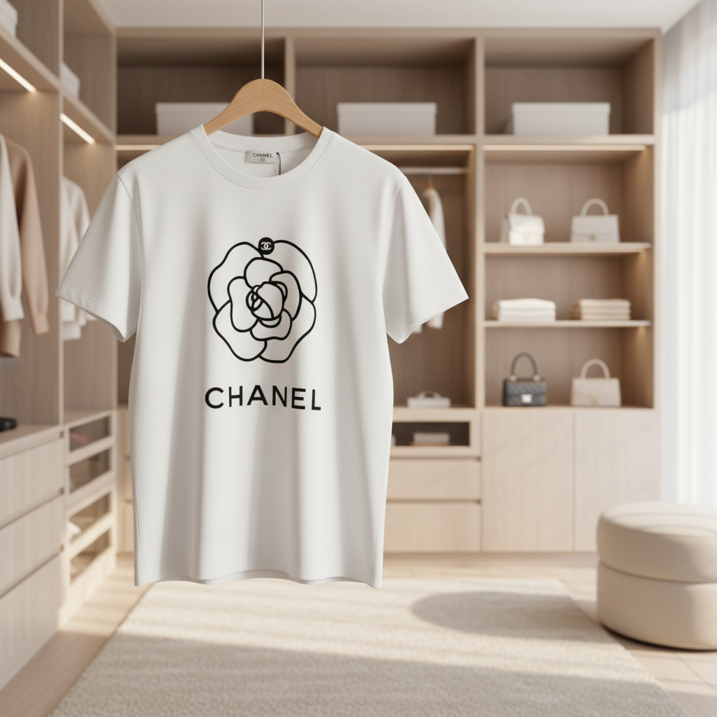 CHANEL Camellia Logo White Cotton T-Shirt