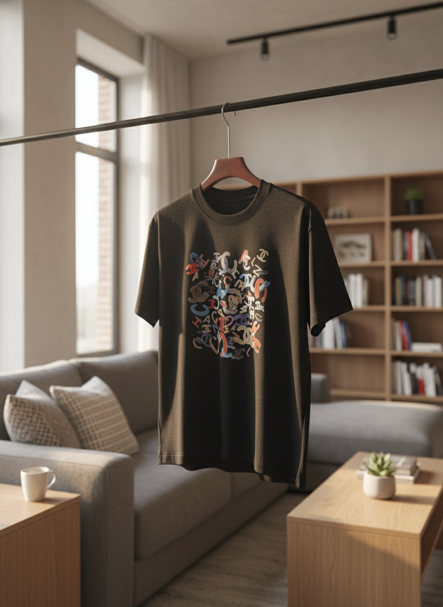 CHANEL Black Cotton Logo Print T-Shirt
