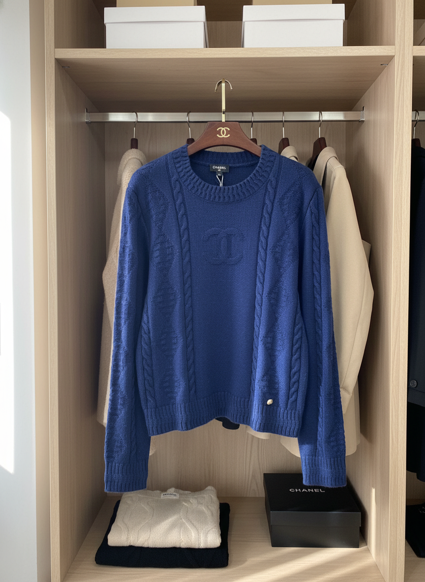 CHANEL Navy Knit Logo Sweater Luxury Pullover