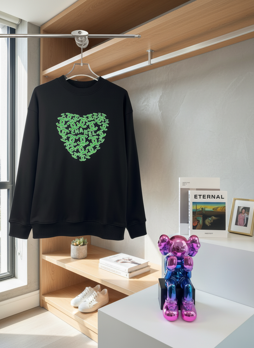 CHANEL Black Hoodie Green Heart Cotton Sweater