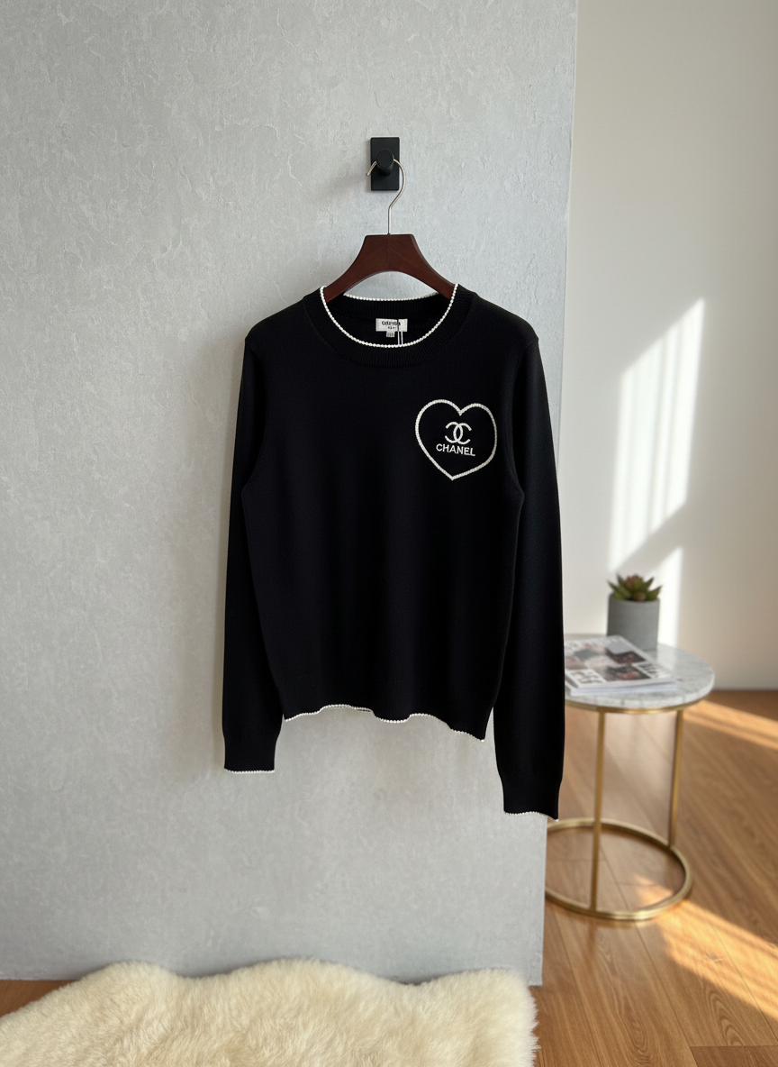 CHANEL Black Heart Logo Knit Hoodie Women