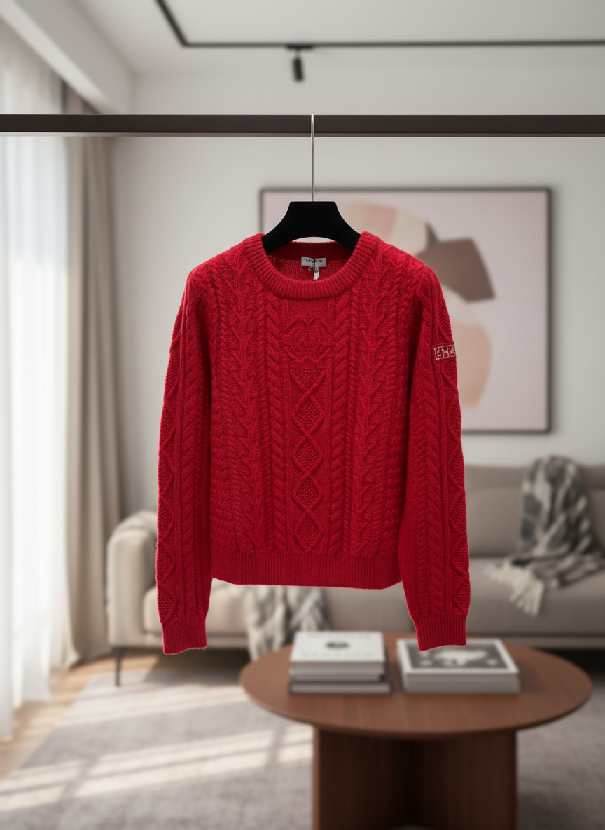 CHANEL Red Cable Knit Wool Sweater Women Pullover