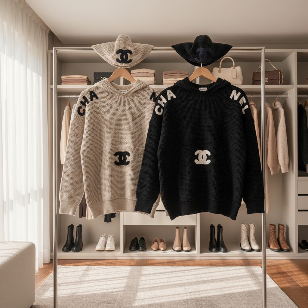 CHANEL Waffle Knit Oversized Hoodies Black Beige