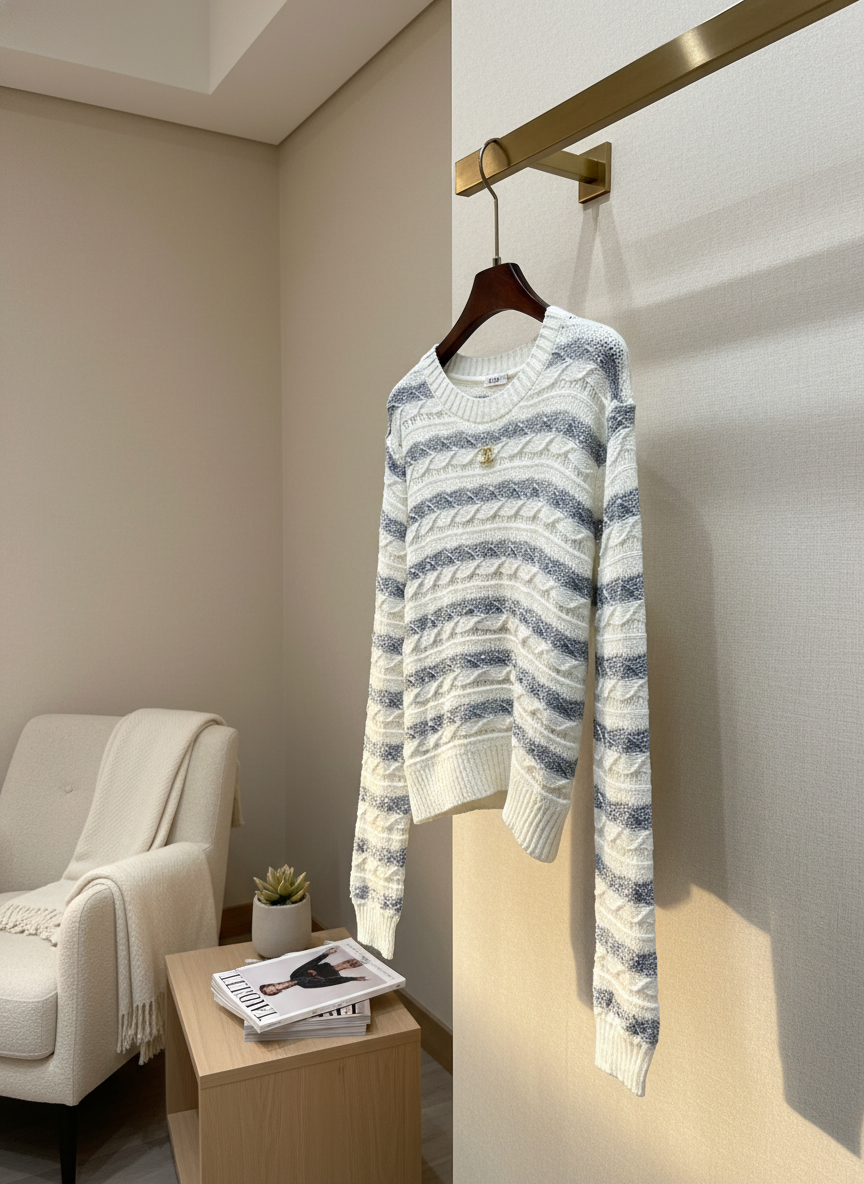 CHANEL Striped Wool Knit Hoodie White Gray Sweater
