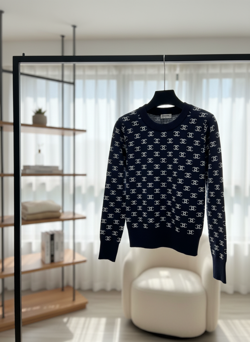 CHANEL Navy Knit Hoodie Classic Logo Sweater