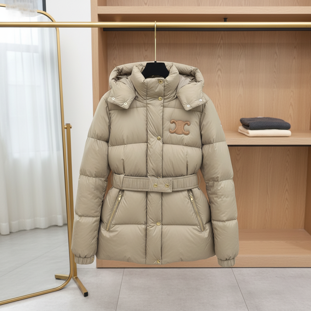 CELINE Women Hooded Down Jacket Belted Puffer Coat