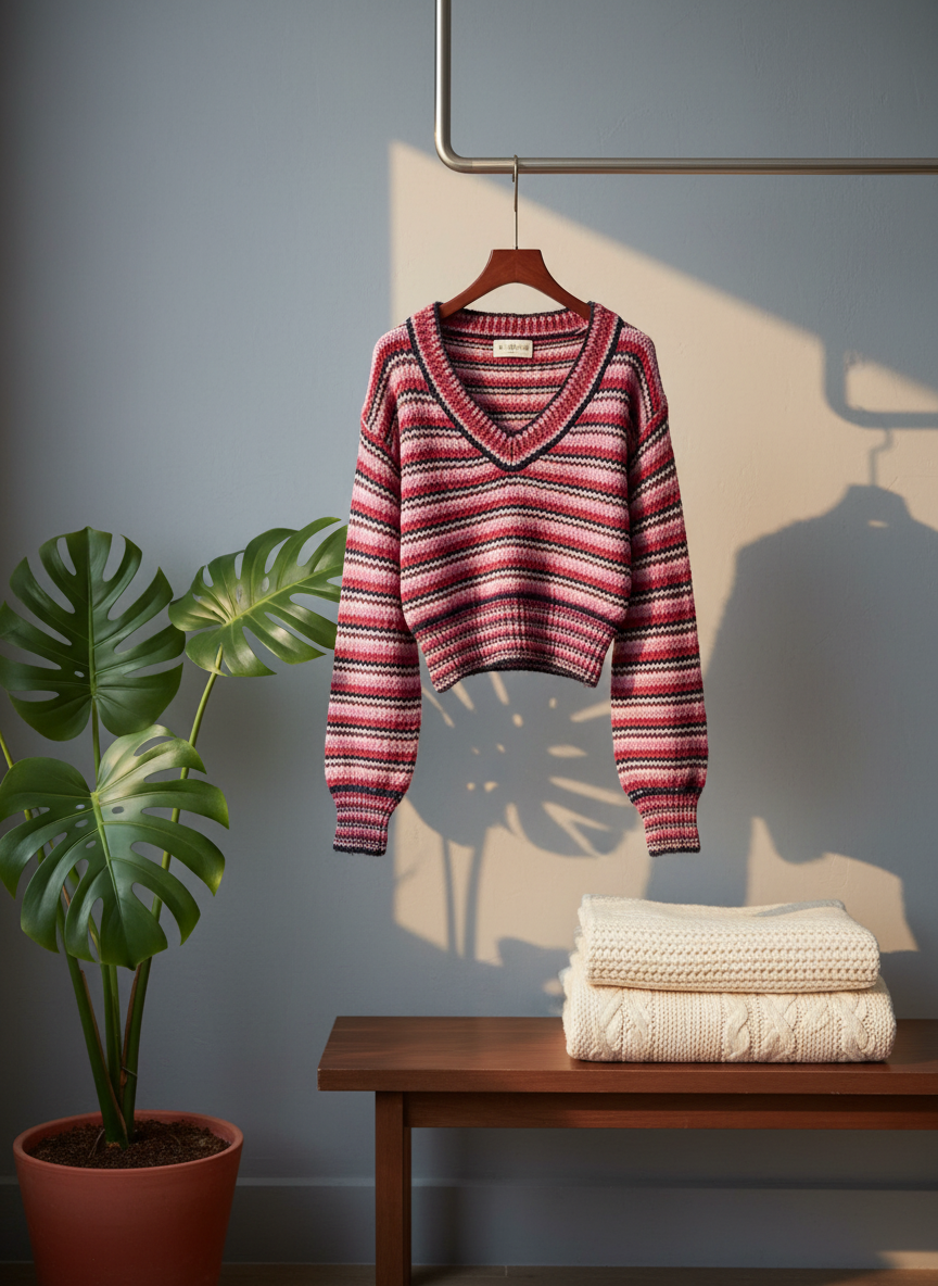 CHANEL Striped V-Neck Hooded Knit Sweater for Women