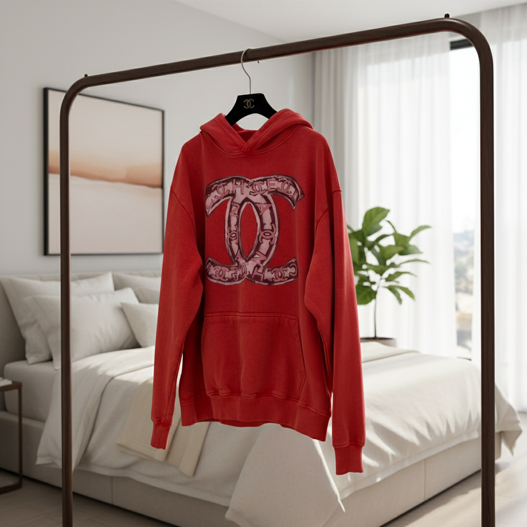 CHANEL Red Oversized Hoodie Streetwear Cotton Pullover