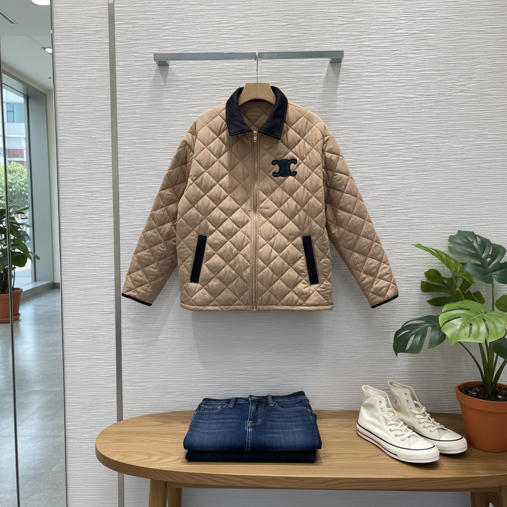 CELINE Beige Quilted Jacket Women Winter Coat