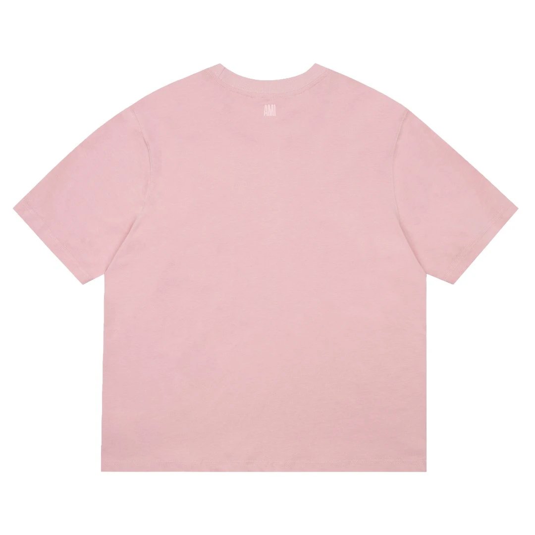 Ami Pink Heart Logo Cotton Crewneck T-Shirt